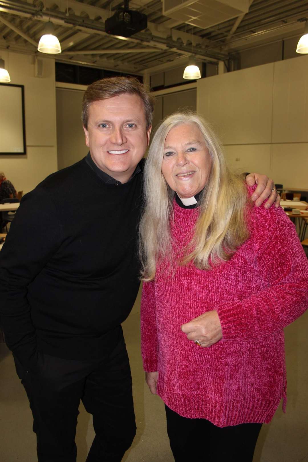 Cindy Kent with Aled Jones for Songs of Praise at the Oasis Academy, Minster