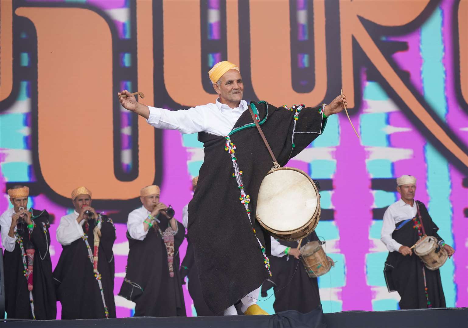 The Master Musicians of Joujouka performing on the Pyramid Stage, at the Glastonbury Festival at Worthy Farm in Somerset (Yui Mok/PA)