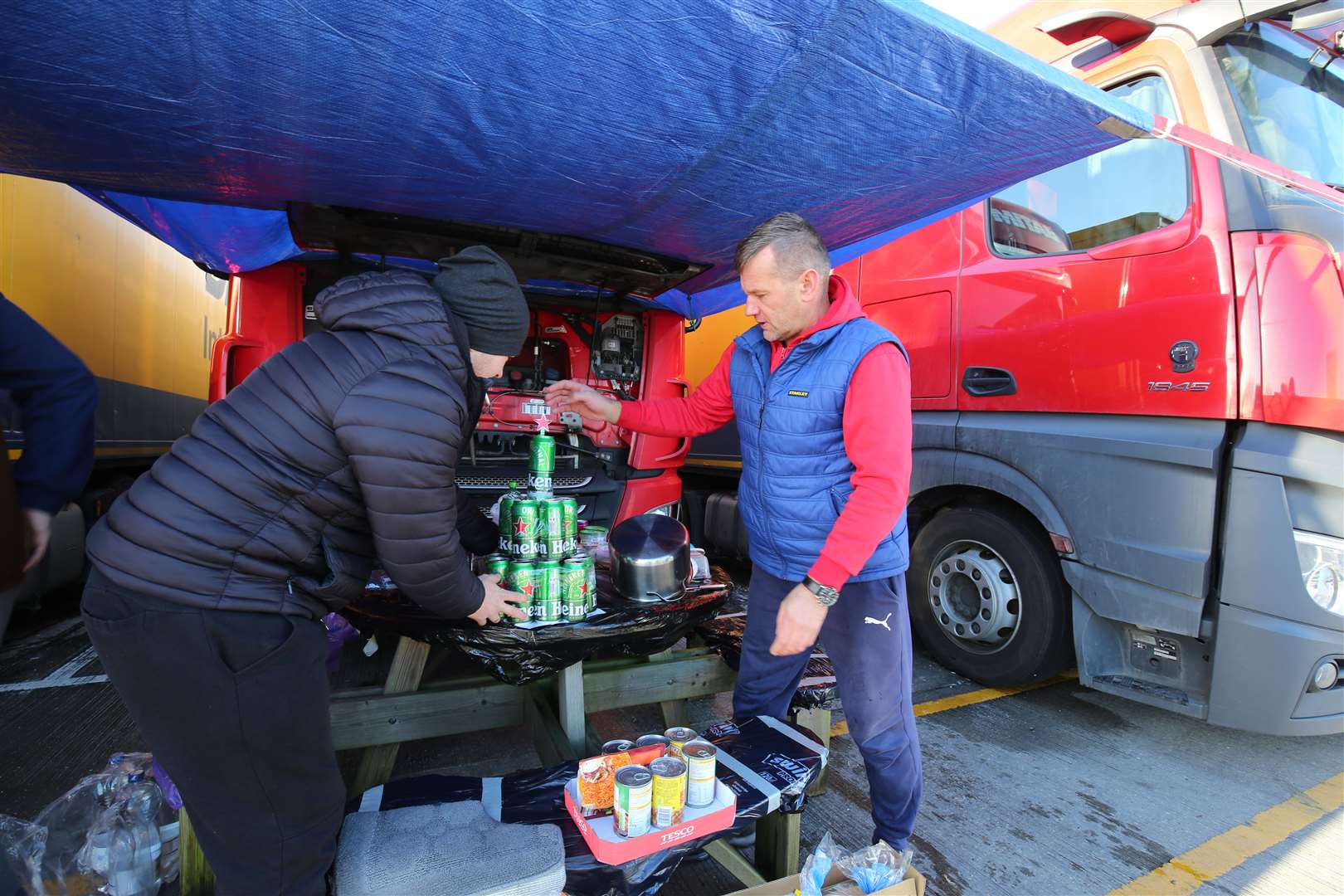 Polish lorry drivers fashioned a makeshift Christmas tree out of empty Heineken cans at a truck stop near Folkestone, Kent (Gareth Fuller/PA)