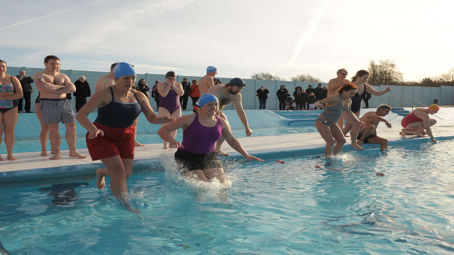 Strand Leisure Park, Gillingham. The Extreme Challenge (Medway Big Splash). People warming up/jumping in the strand pool.