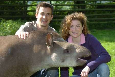 Roar presenters Matthew Skilton and Alex Dolan with a Brazilian tapir at Howletts Animal Park