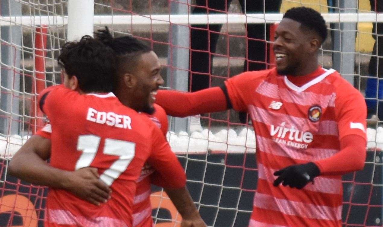 Dominic Poleon celebrates scoring for Ebbsfleet against Hampton on Saturday. Picture: Ed Miller/EUFC