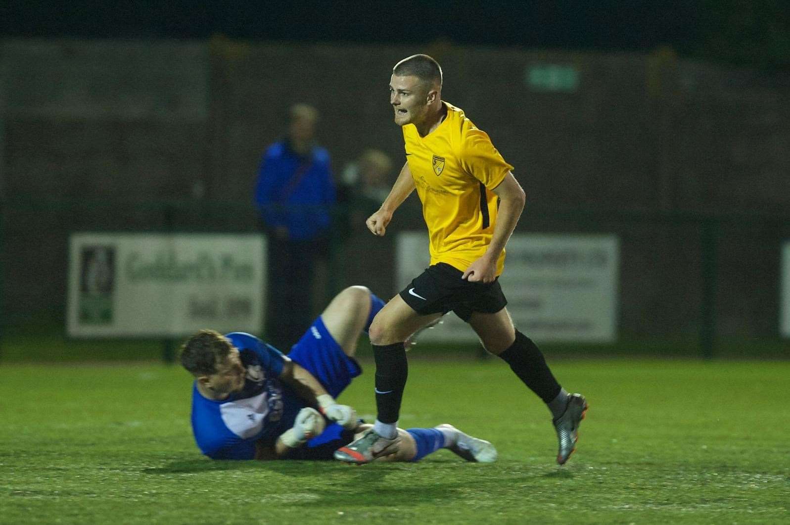 Liam Middleton celebrates one of his two goals in Kennington's win over Canterbury Picture: Ian Scammell