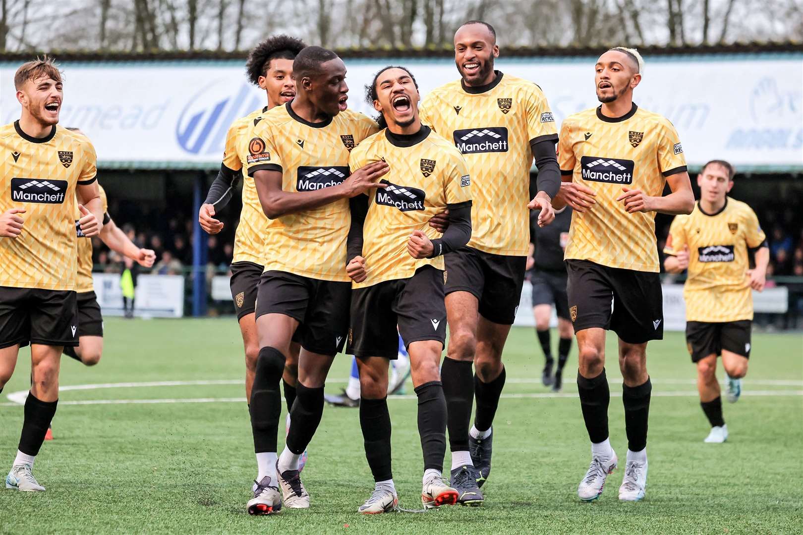 Aaron Blair, centre, celebrates after giving Maidstone a 2-1 lead at Tonbridge. Picture: Helen Cooper