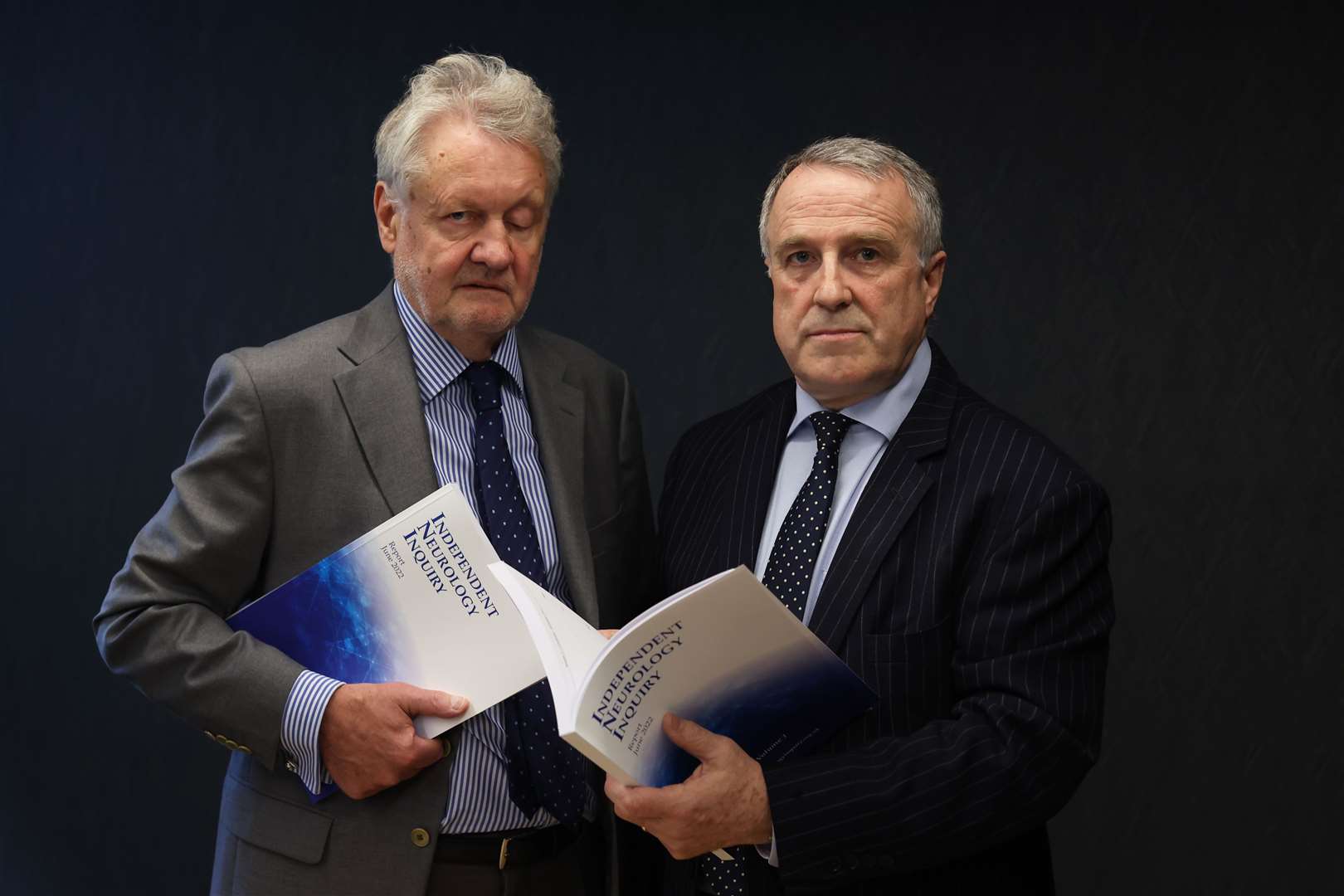 Professor Hugo Mascie-Taylor (left) and Brett Lockhart QC Inquiry Chairman, during the Independent Neurology Inquiry at Law Society House, in Belfast (PA)