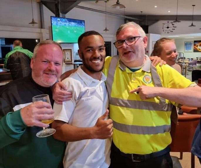 Mark Reed, left, alongside Ashford United player Tariq Ossai and head steward David Chalmers