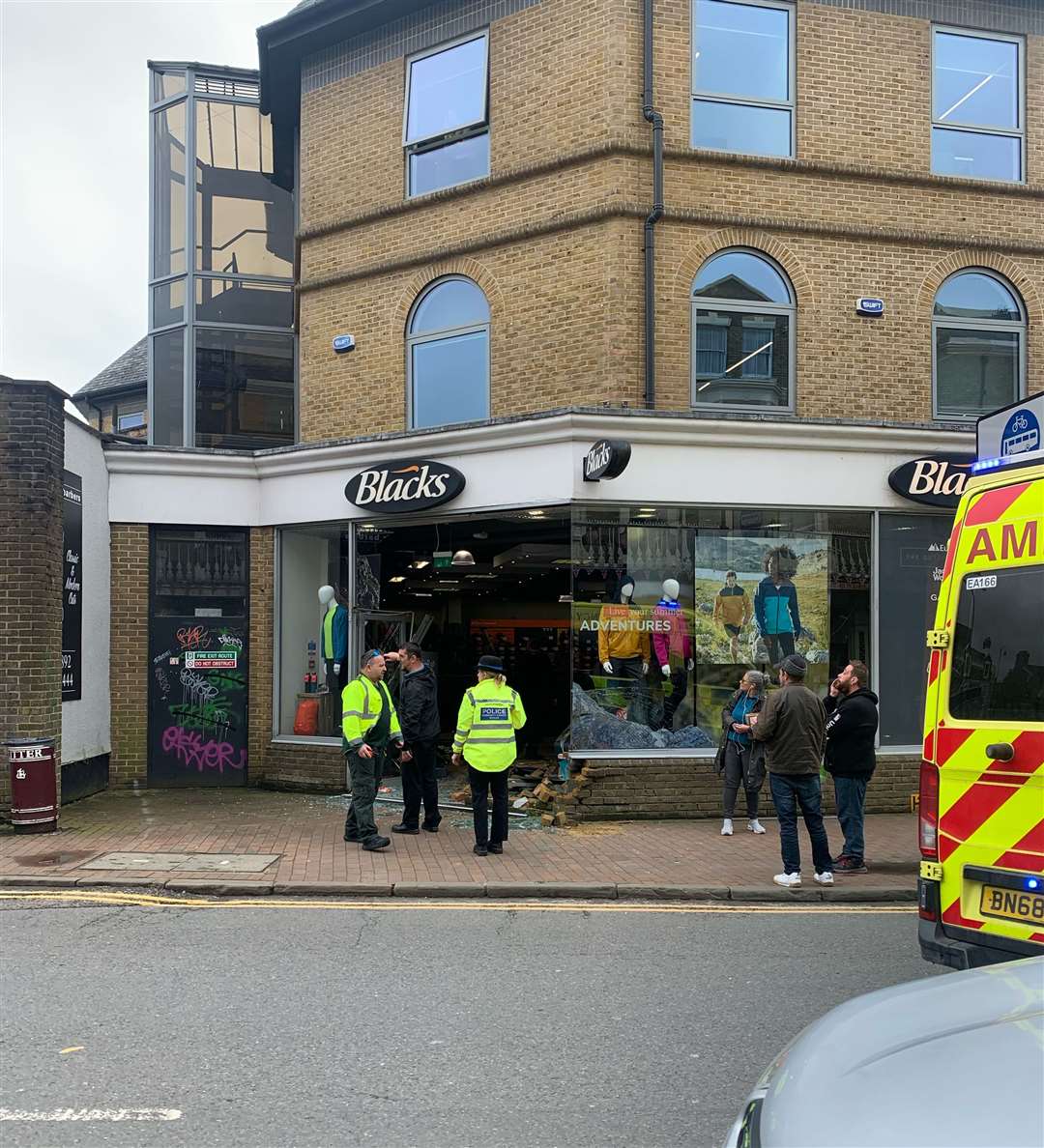 The scene at Blacks in Tunbridge Wells after a car crashed into the shop