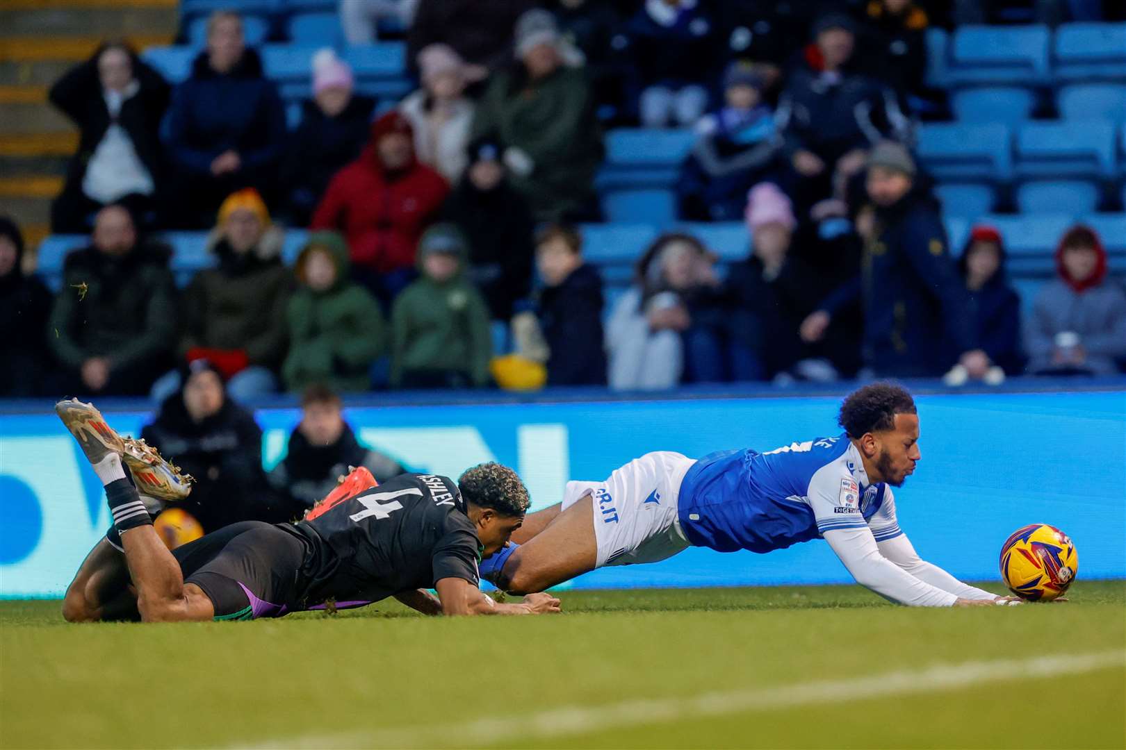 Jayden Clarke goes to ground after a challenge in the box – but the referee waved away appeals for a penalty Picture: @Julian_KPI