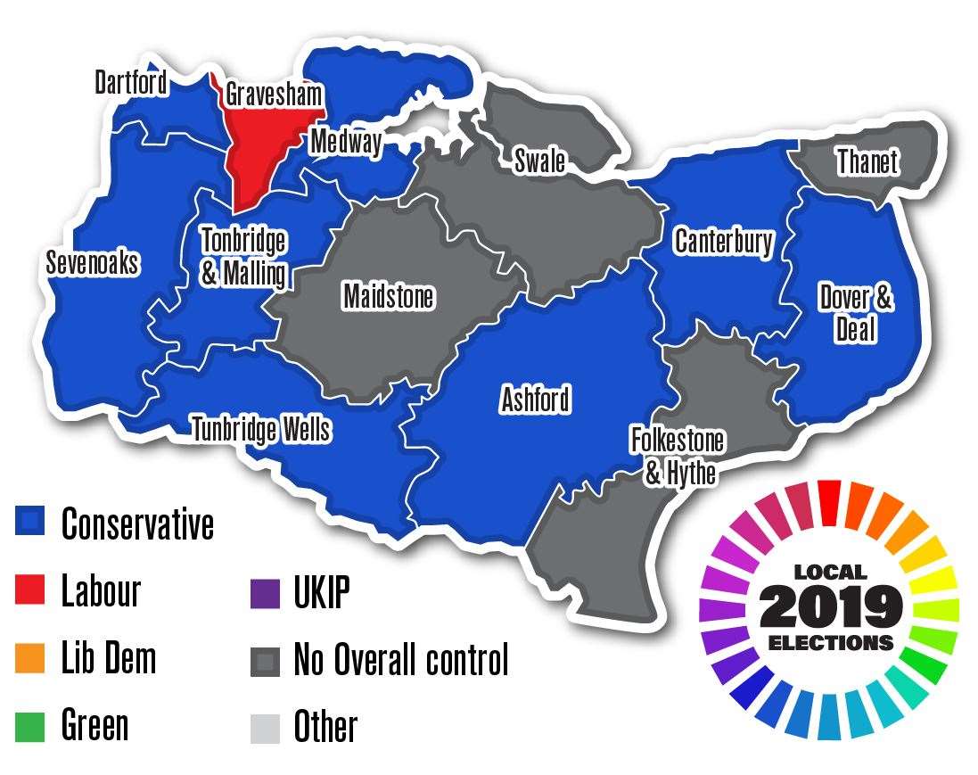 Labour gained control of Gravesham and the Conservatives lost control of Thanet, Swale and Folkestone and Hythe (9612404)