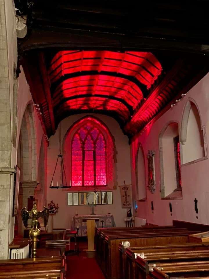 Borden church lit up red for Armistice 2020