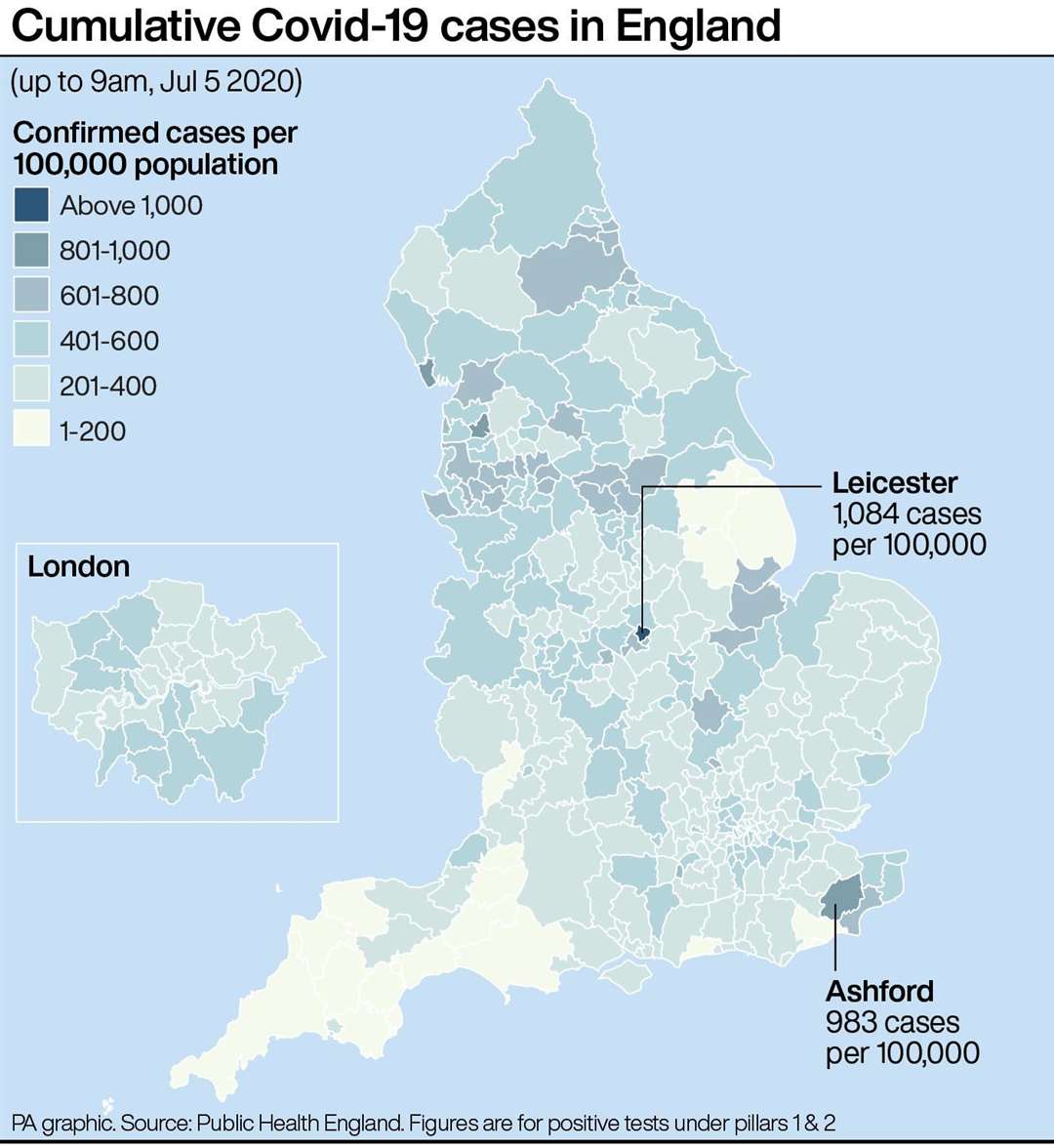 Cumulative Covid-19 cases in England (PA Graphics)