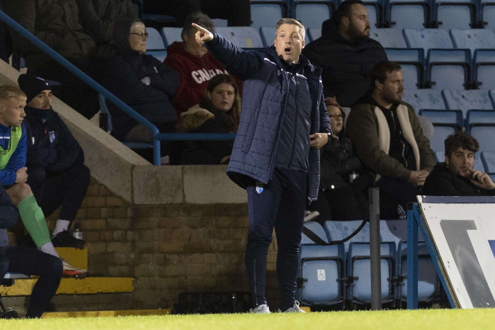Manager Neil Harris instructs his Gillingham team against AFC Fylde in Tuesday's FA Cup first round replay at Priestfield Picture: KPI