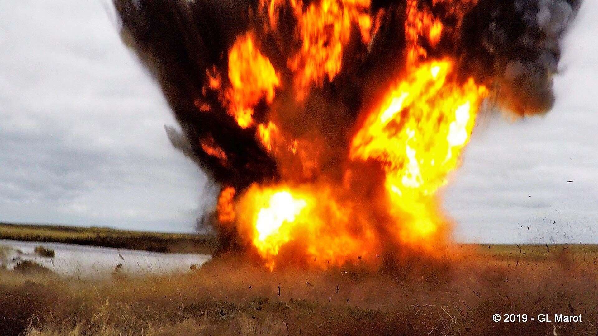 Landmine detonation during the clearing of a minefield in the Falkland Islands (FCDO/PA)