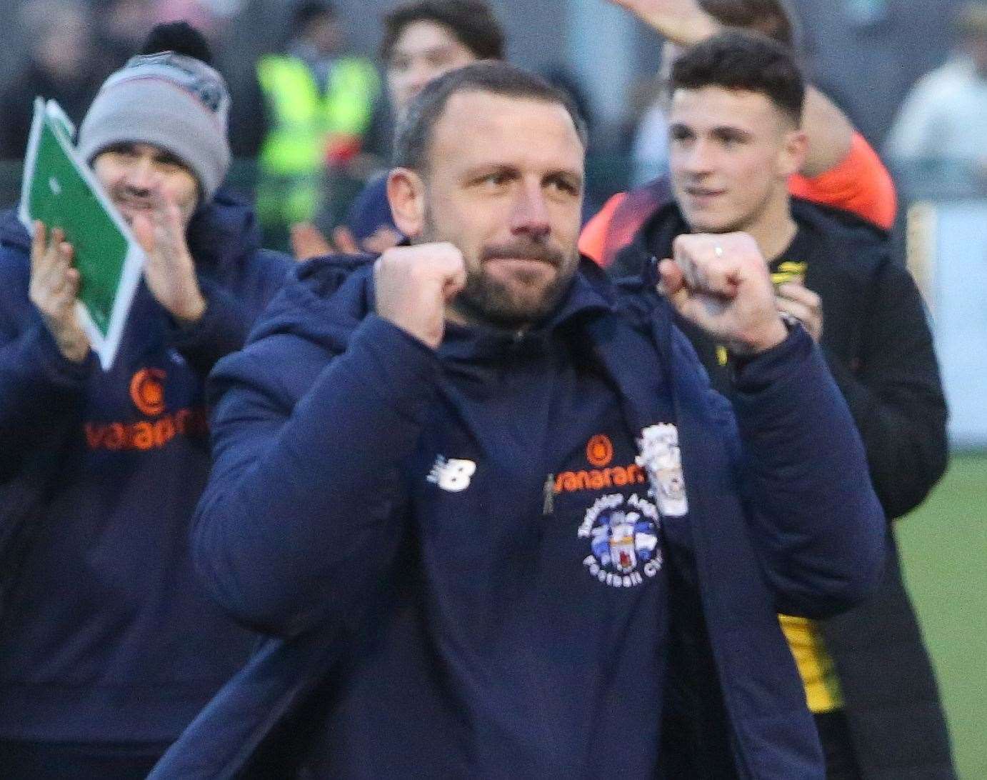 Tonbridge Angels manager Steve McKimm celebrates their 3-1 win at Dorking last weekend Picture: Dave Couldridge