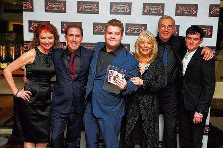 James Corden with Gavin and Stacy actors Melanie Walters, Rob Brydon, James Corden, Alison Steadman, Larry Lamb and Mathew Horne. Picture: Ian West/PA Photos