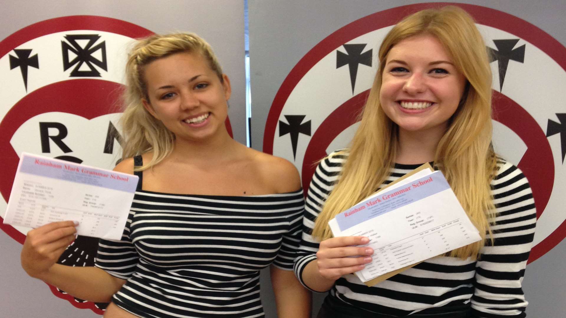 Georgina Poole and Rosalind Walker with their results at Rainham Mark Grammar School