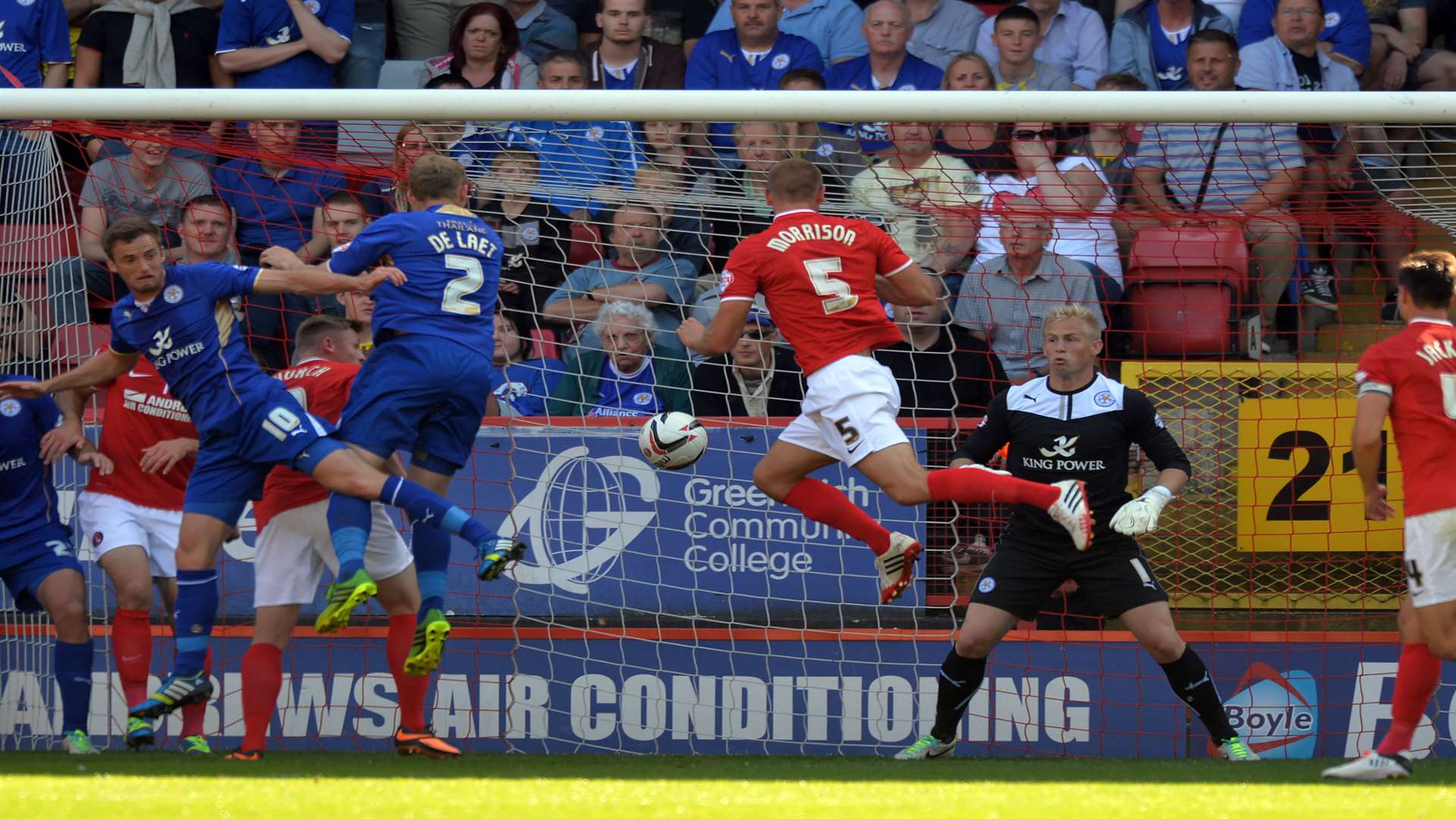 Michael Morrison gives Charlton the lead against Leicester at the Valley. Picture: Keith Gillard