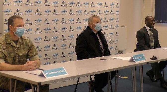 From left: Lt Col James Cackett, commanding officer of the Medway Resilience Unit, leader of Medway Council Cllr Alan Jarrett and Medway Council director of public health James Williams during the pandemic