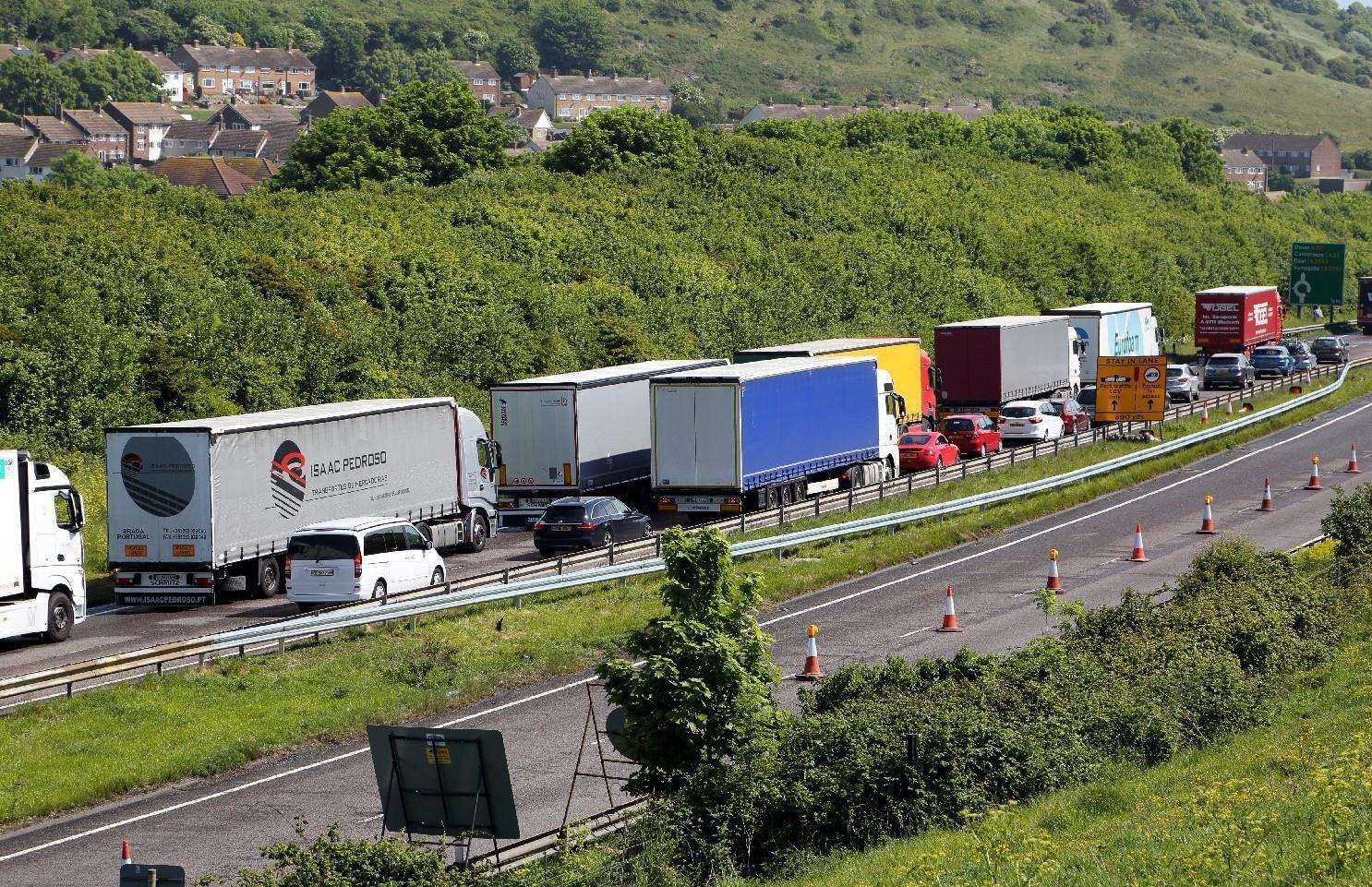 Lorries queued up on the A20 near Aycliffe during Dover TAP. Stock pic: Roger Golding