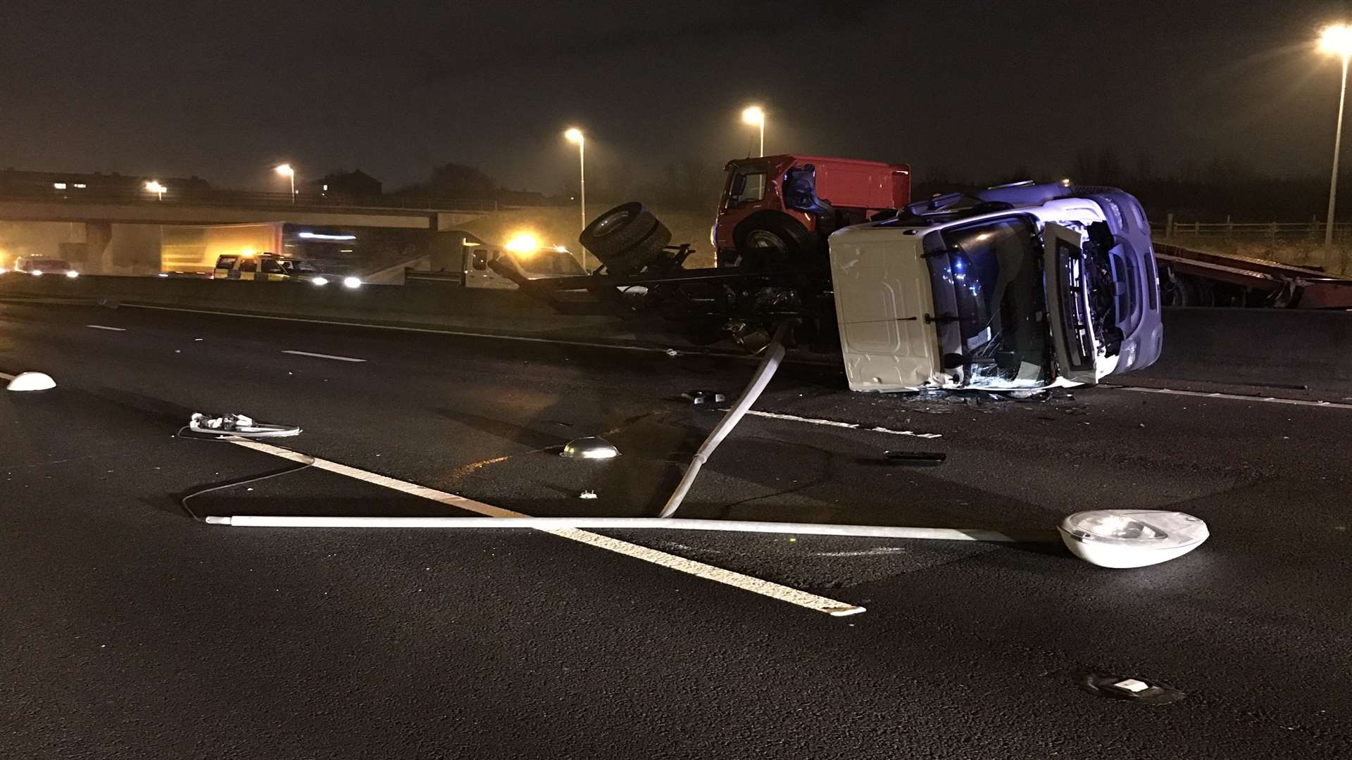 The HGV crashed into the central reservation on the M25 Picture: Kent Police Roads