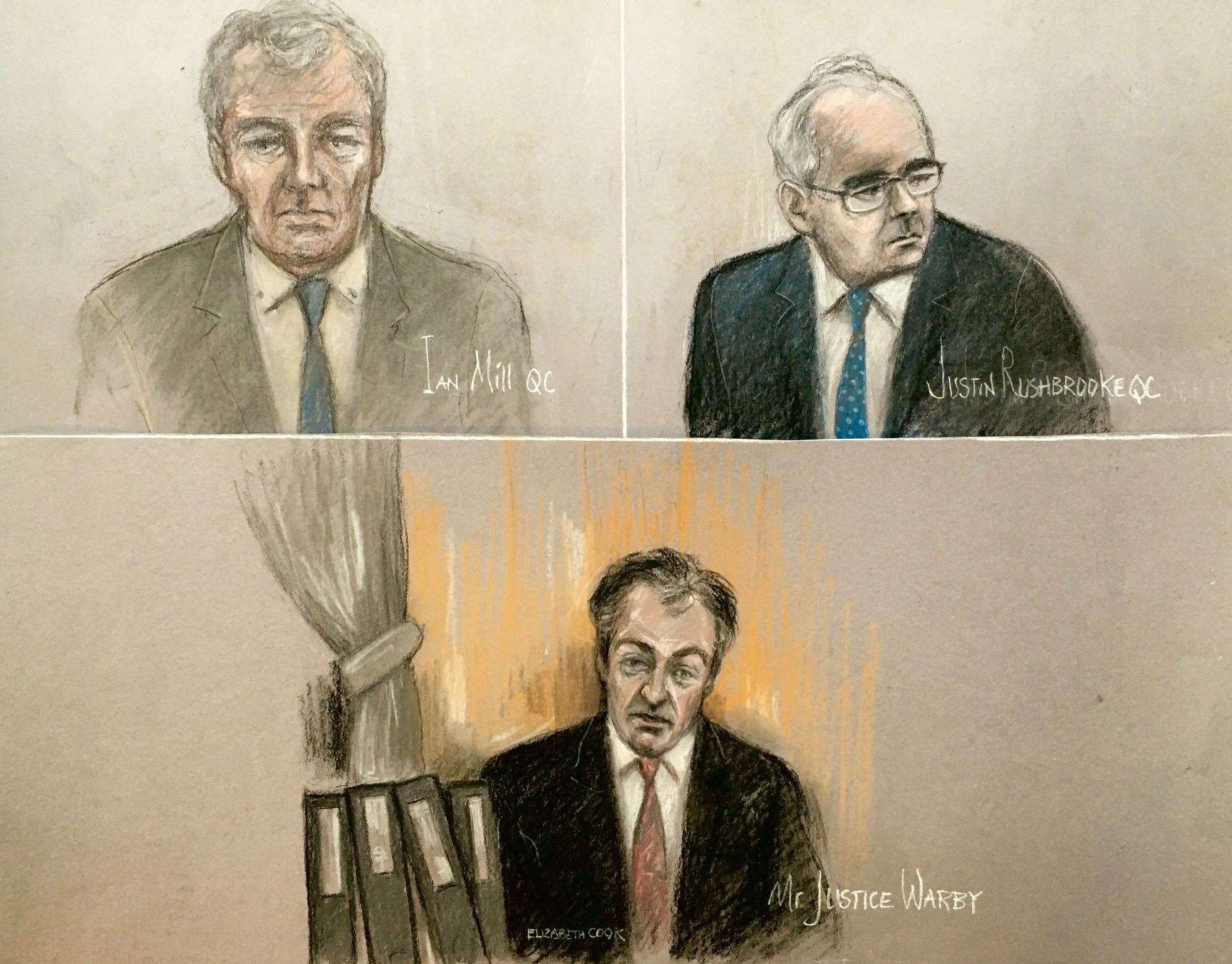 Ian Mill QC (top left), Justin Rushbrooke QC (top right) and judge Mr Justice Warby (bottom), at the Royal Courts of Justice (Elizabeth Cook/PA)