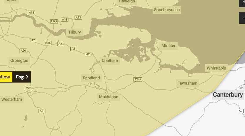 A yellow weather warning is in place for fog for large parts of Kent. Photo: Met Office