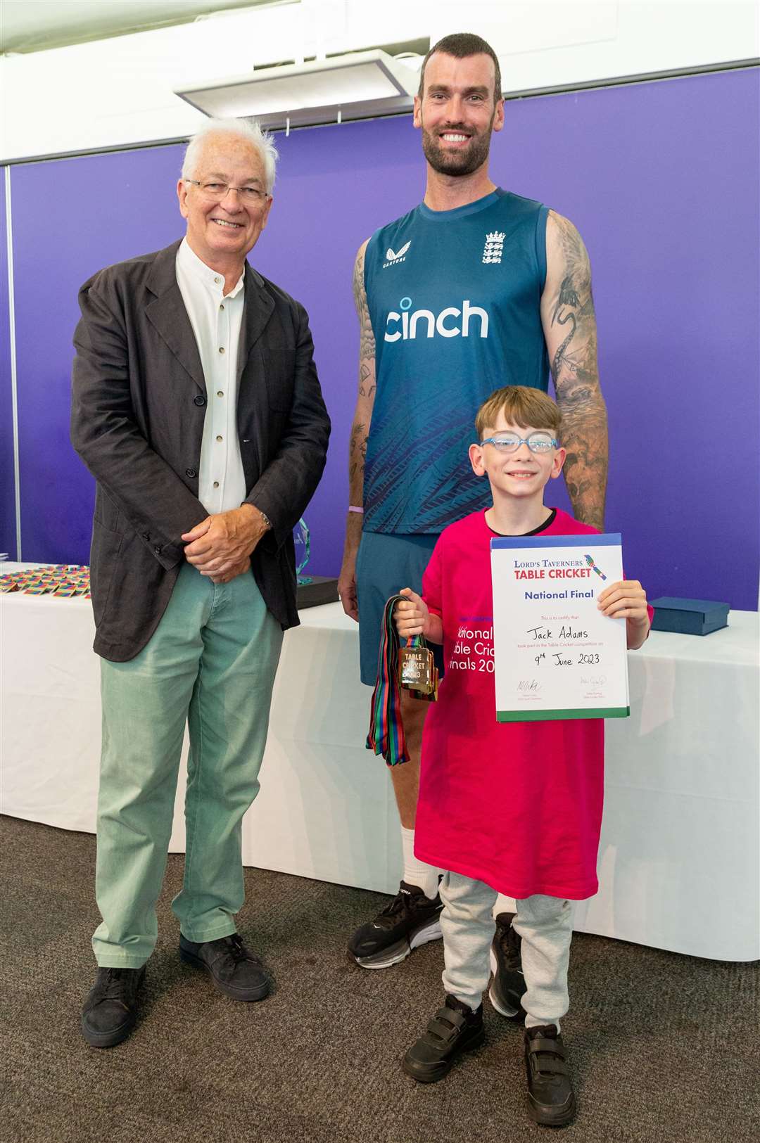 Jack Adams of Elms School met David Gower and Reece Topley at Lord’s