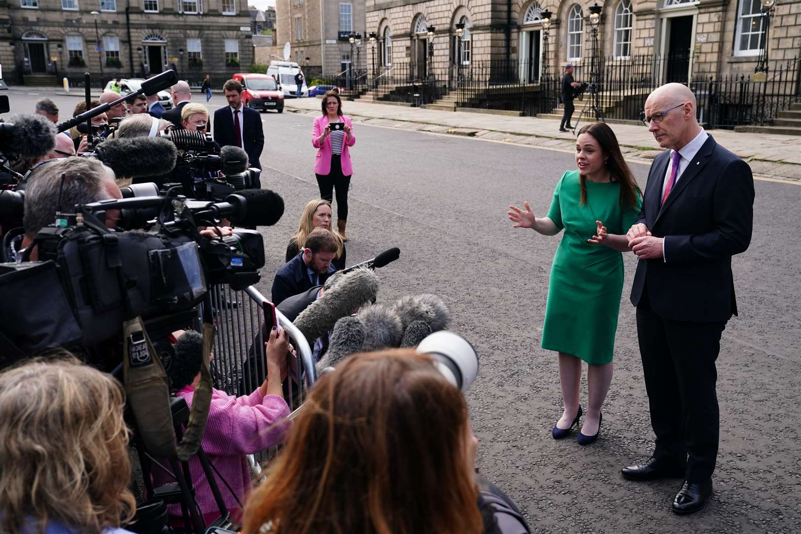 John Swinney and Kate Forbes spoke to journalists outside Bute House following her appointment (Jane Barlow/PA)