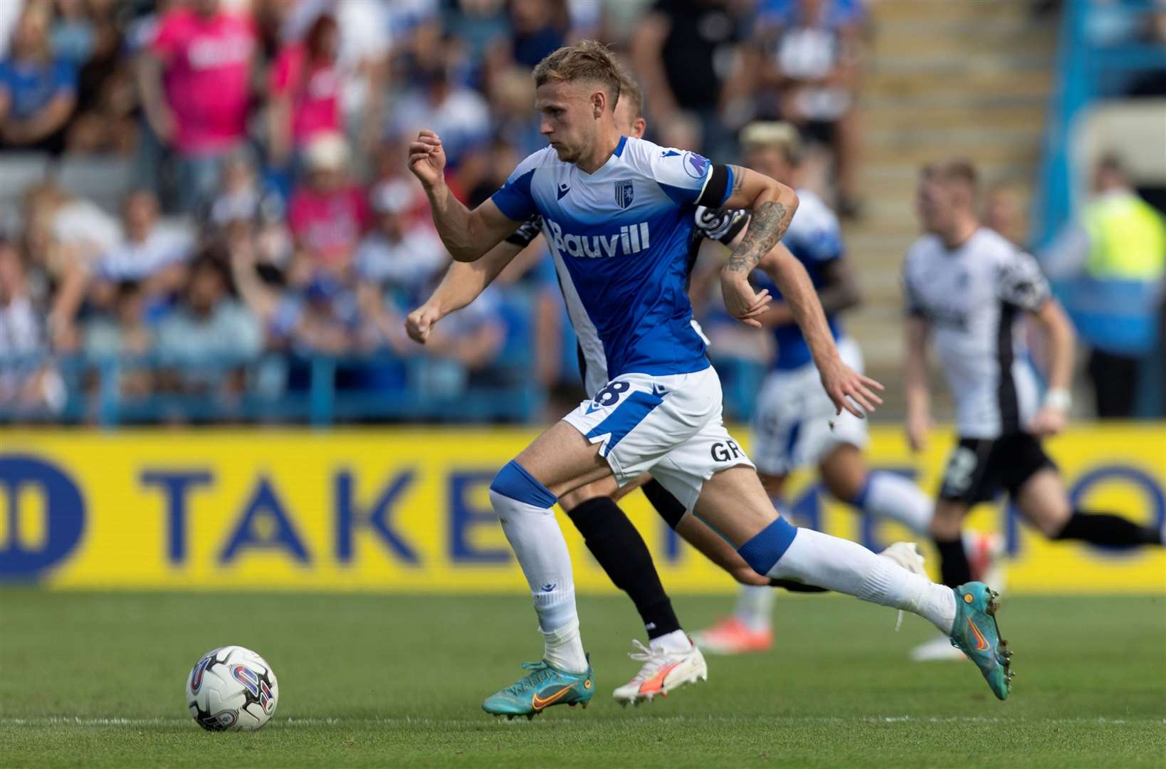 Ethan Coleman on the attack for Gillingham against Morecambe Picture: @Julian_KPI