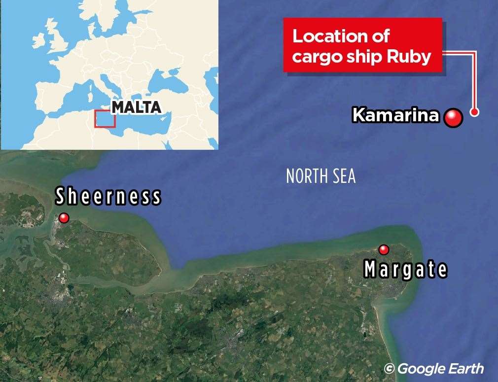 Ruby is about 11 miles off the north Kent coast along with Italian-flagged tug boat Kamarina. Picture: KMG