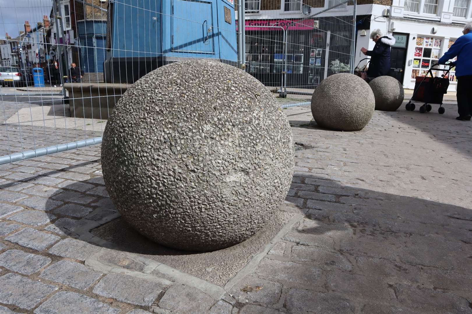 The concrete 'Worrall Balls' named after former Cllr Steve Worrall which surround Sheerness clock tower