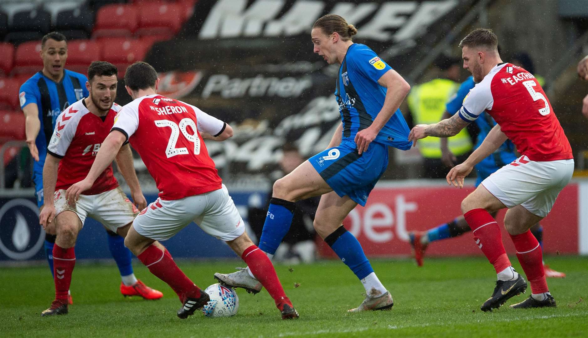 Tom Eaves is outnumbered in midfield by the massed ranks of the Fleetwood defence Picture: Ady Kerry