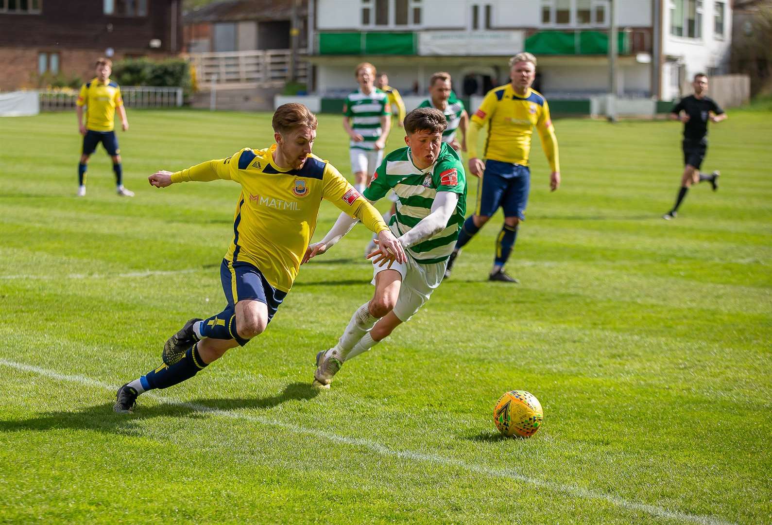 Jake Mackenzie tries to get by a Corinthian player. Picture: Les Biggs