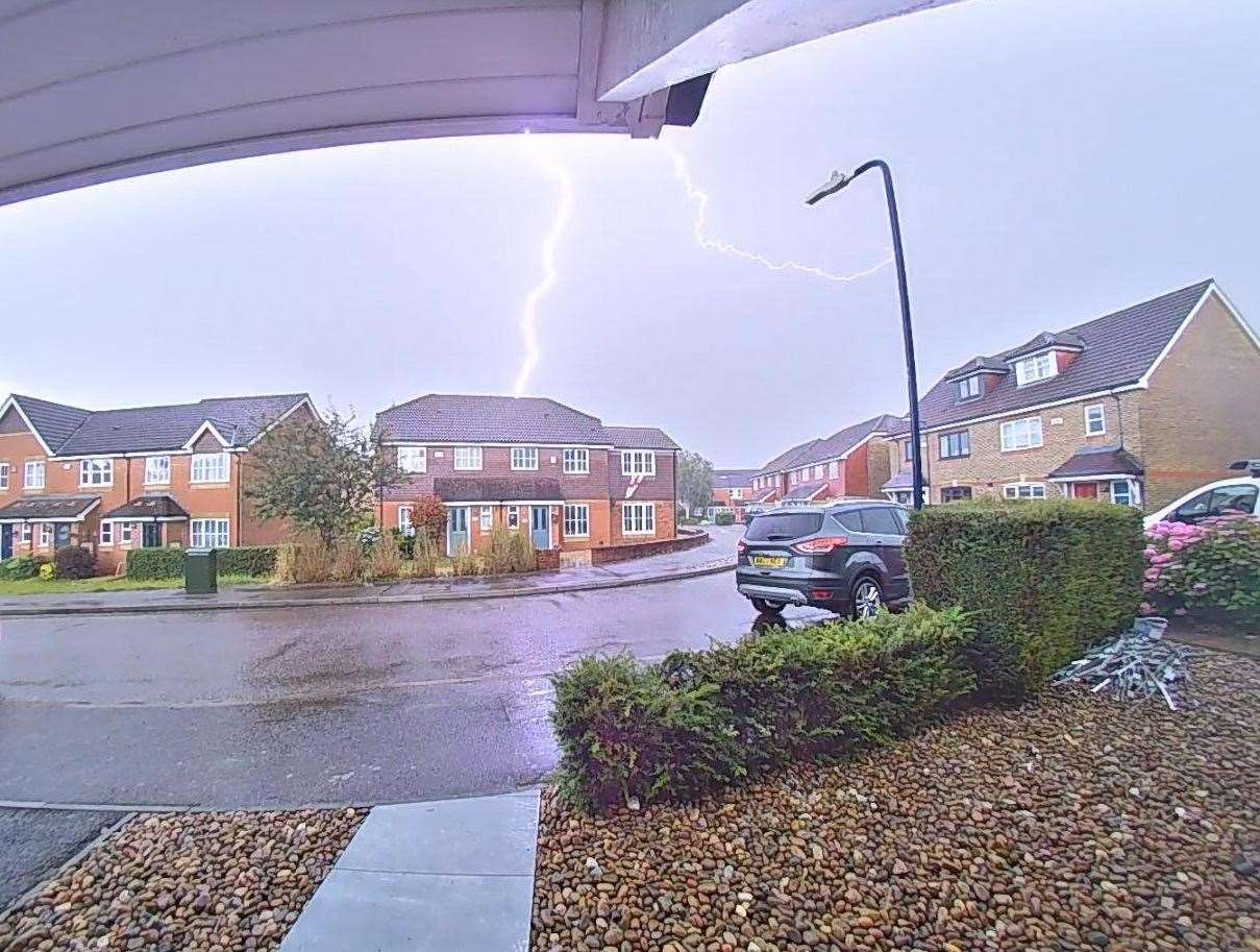 The lightning struck a house in Allington Way but was caught on camera from a property in Beaver Way. Photo: Michelle Pearce