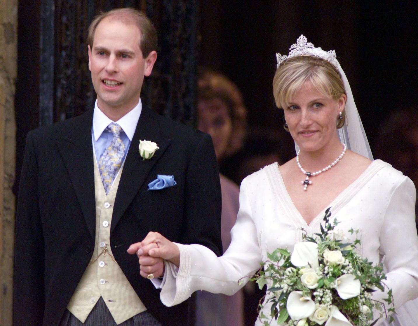 Edward and his bride, Sophie Rhys-Jones, on their wedding day in June 1999 (John Stillwell/PA)