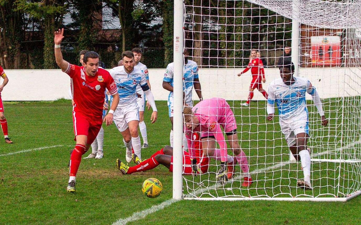 Action from Ramsgate's match at Whitstable which ended 4-1 to the Rams on New Year's Day - the teams meet at Southwood on Easter Monday. Picture: Les Biggs