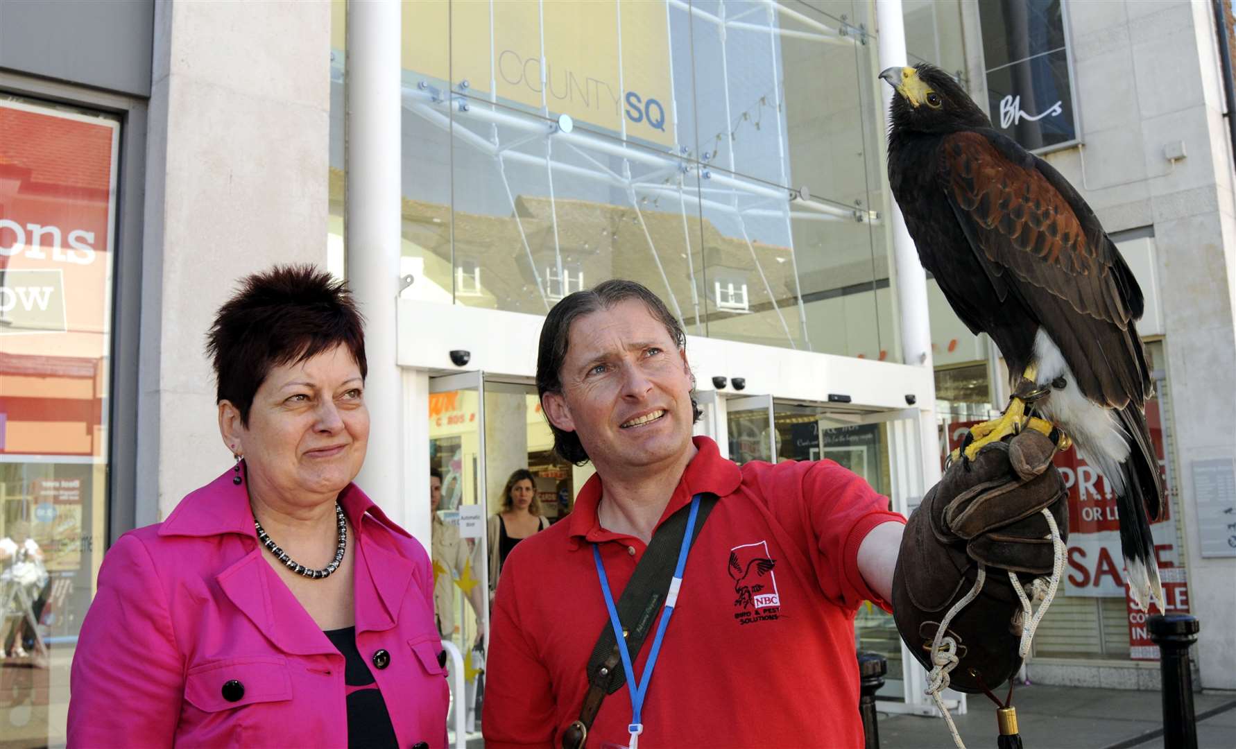 County Square bosses used a hawk in 2010 - this photo shows centre manager Frances Burt with Gary Railton and a male Harris Hawk