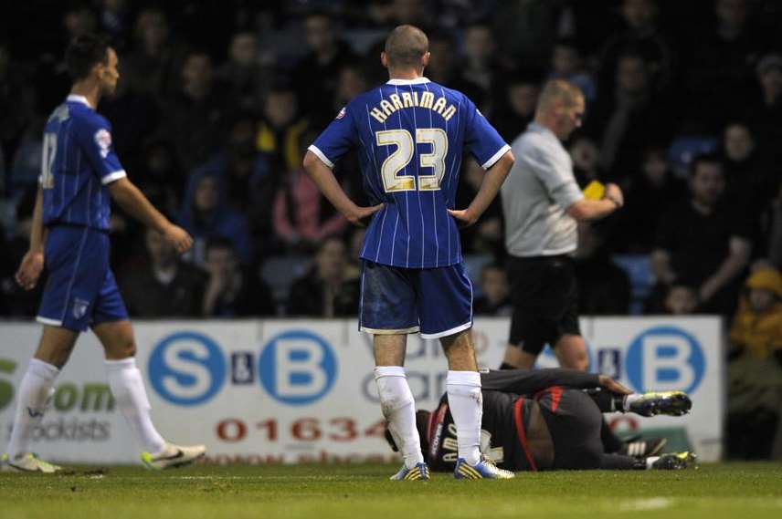 Leon Legge is sent-off for this second-half tackle against Carlisle. Picture: Barry Goodwin