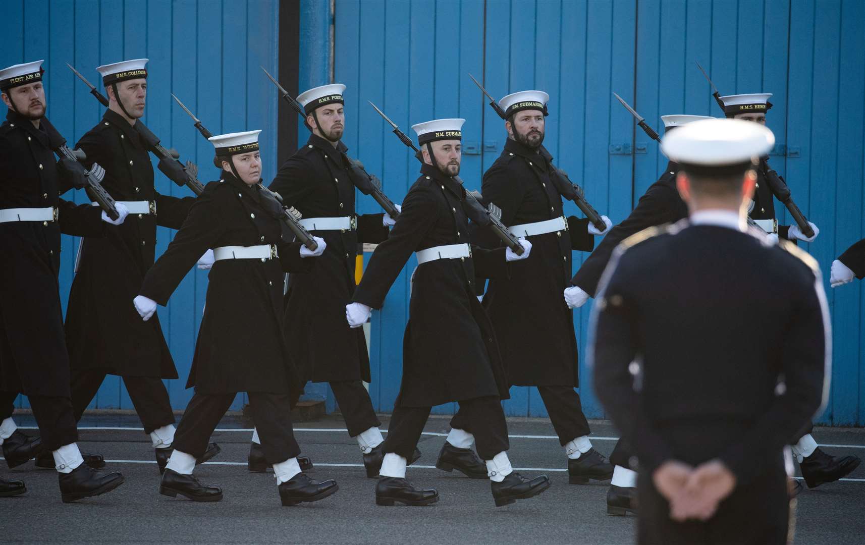 Royal Navy ratings march as they take part in a training exercise at HMS Excellent, Whale Island, Portsmouth (Andrew Matthews/PA)