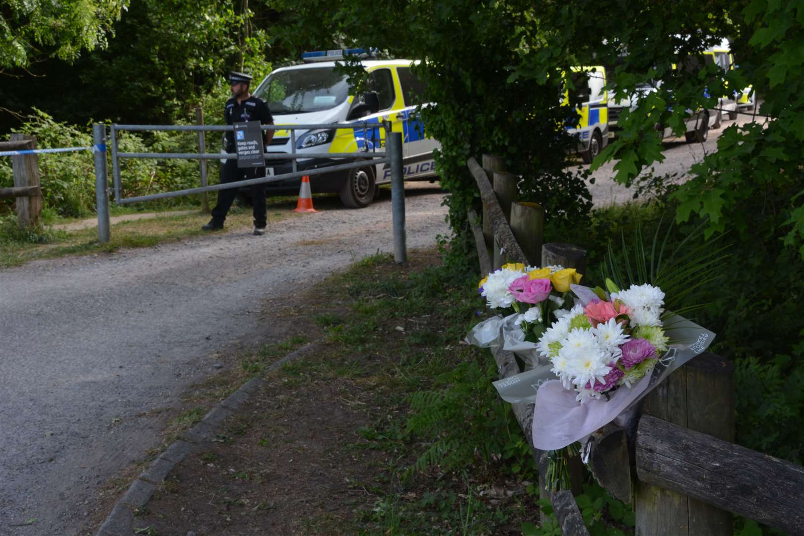 Flowers left outside Havant Thicket in Hampshire, where Louise Smith’s body was found (Ben Mitchell/PA)