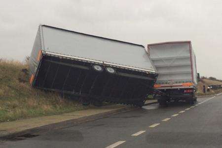 The overturned trailer on the A20 - picture taken by Richard Law.