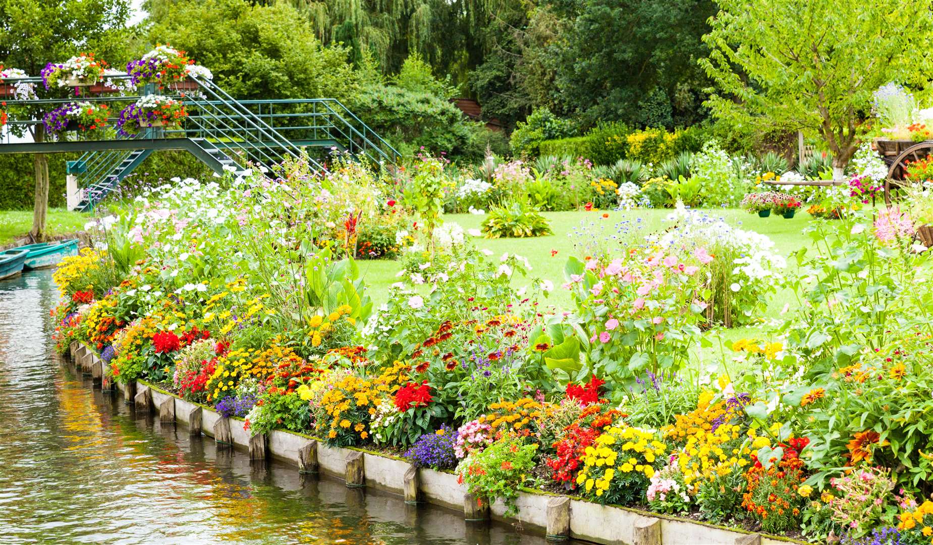 Flowery gardens of all colours floating in the spring between the canals, Hortillonnages in Amiens.