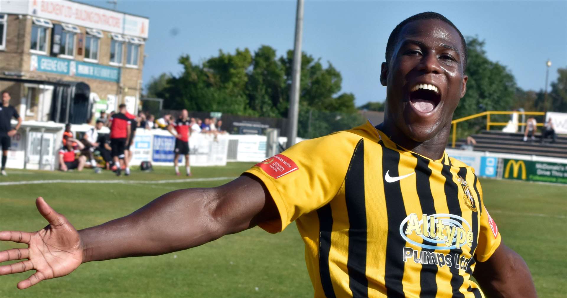 Joy for Folkestone frontman Ade Yusuff who bagged a midweek hat-trick in their 4-0 victory over Corinthian-Casuals. Picture: Randolph File