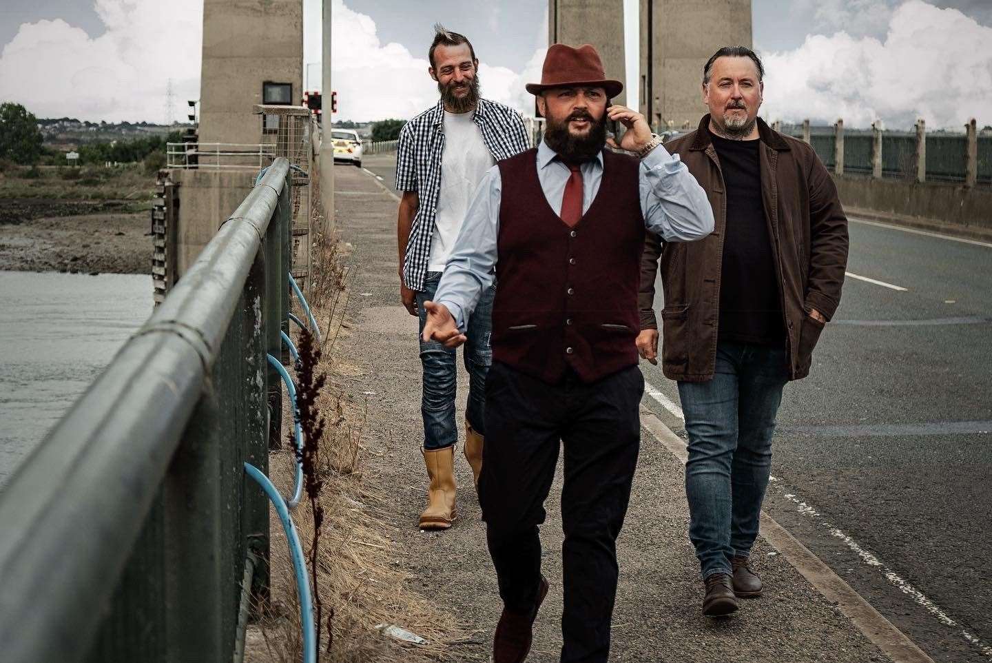 The three brothers, Maxwell (SJ Cooper), Dick (Nick Moulder) and Jefferrie (William Cooper) cross the Kingsferry Bridge in Capers, a 'reality sitcom' based on Sheppey. Picture: Cooper-Gray Productions