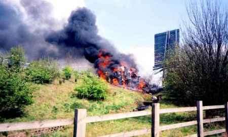 WRECKED: the lorry at the height of the blaze. Picture: JOHN WHITE