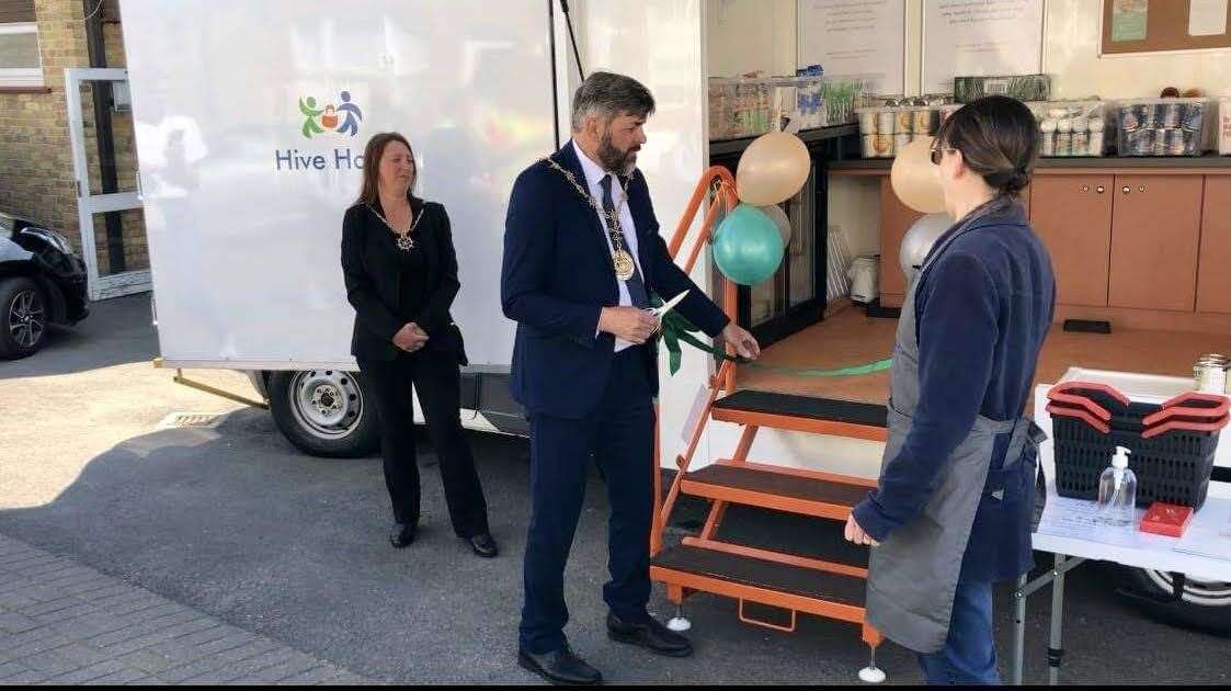 Barry the Mobile Foodbank being launched with help from the mayor, Cllr John Caller