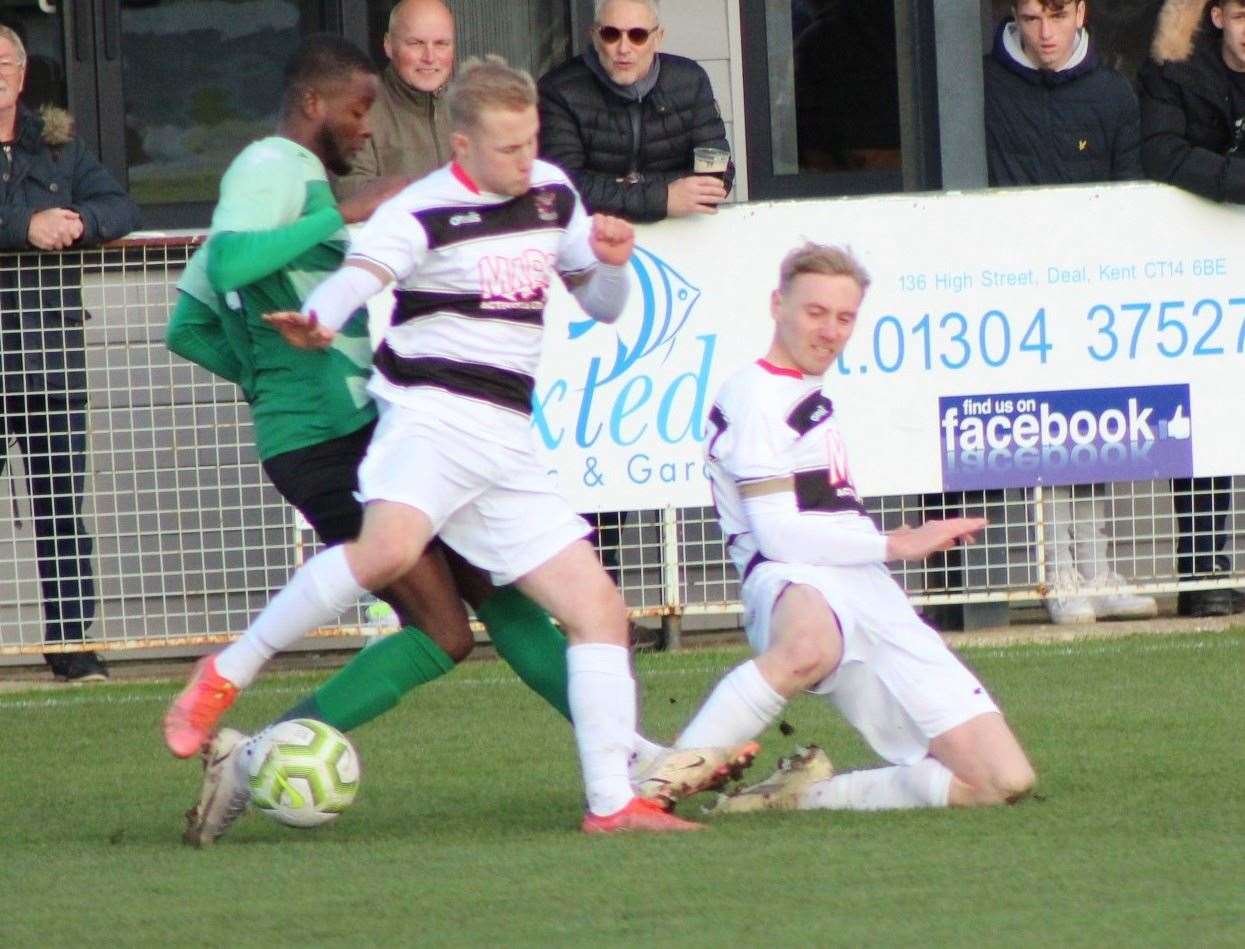 Deal Town's Jack Paxman and Ben Chapman get stuck in during their 3-0 win over Welling Town. Picture: Bookatie Thompson