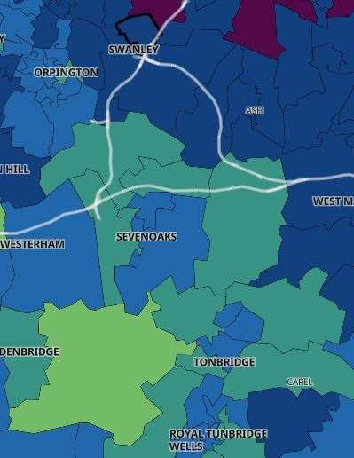 The Covid-19 infection rates in Sevenoaks. Pic: Public Health England