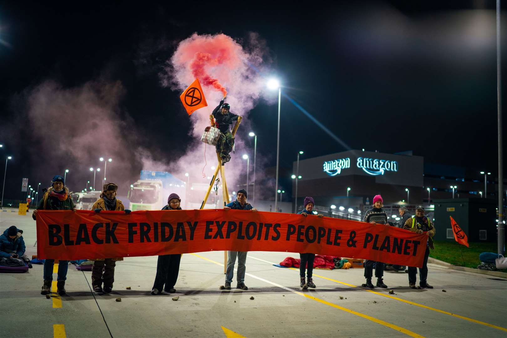 Extinction Rebellion protesters at the Amazon depot in Dartford. Picture: Yaz Ashmawi