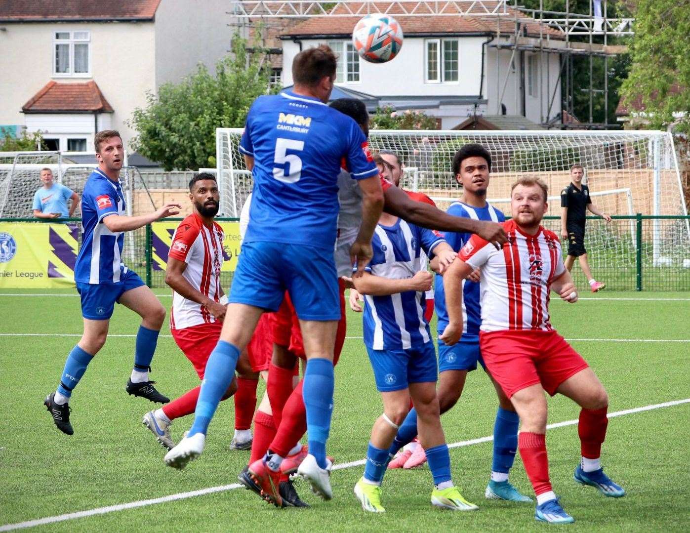 Herne Bay player-coach Liam Friend heads towards goal during their weekend pre-season friendly 2-1 win against Folkestone. Picture: James Aylward